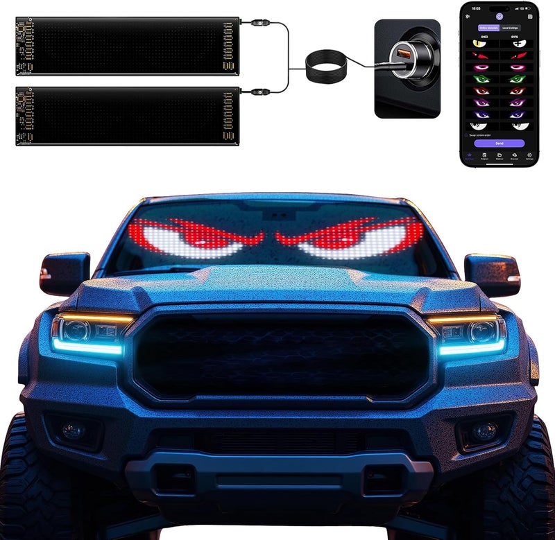 Fussion 2 Pack LED Eyes for Car Windshield 14.56"x3.62", Programmable Animated Devil Eyes Light for Windshield, APP Control Customizable LED Matrix Display for Cars, SUVs - Image 1